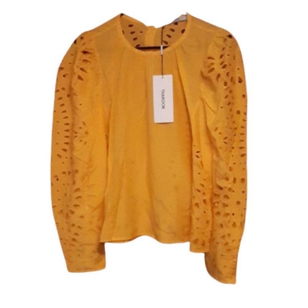 NWT Thakoon Long Puff Sleeve Eyelet Embroidered Silk Cotton Blouse Top Yellow 10 - Picture 7 of 10